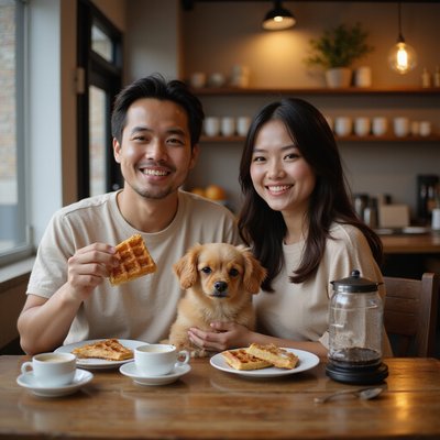 Guests enjoying brunch with pet
